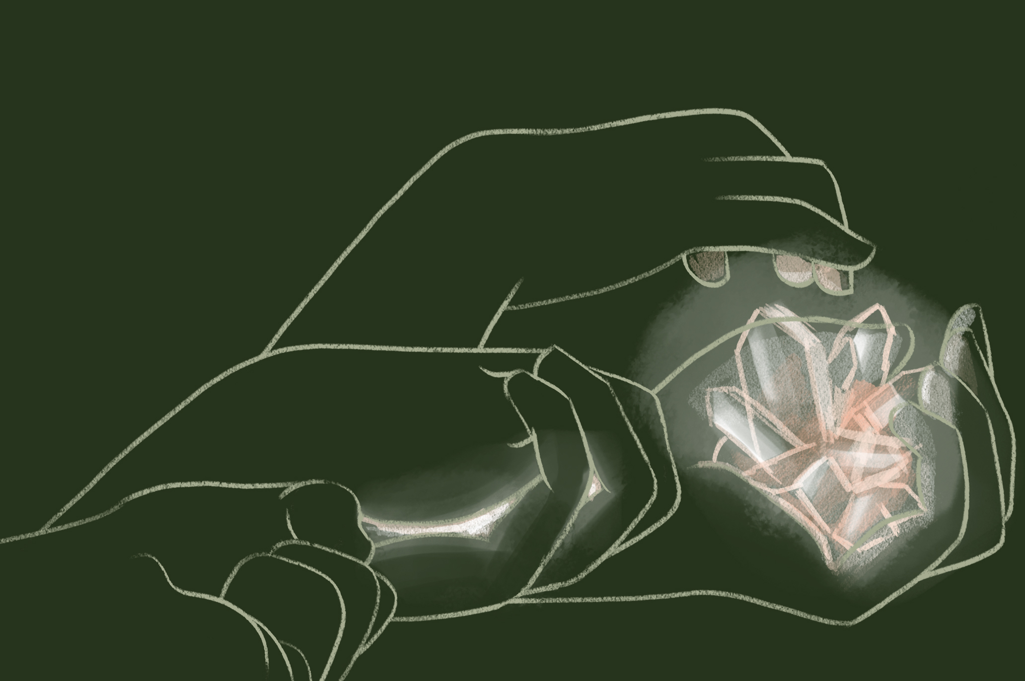Image: An illustration of a three pairs of hands in progression from closed, slightly open, to fully open revealing many white, glowing crystals. The background is plain dark green and the lines of the hands are drawn in white. Illustration by Kiki Lechuga-Dupont, originally published for the article "Feasts, Fasts, and Excavations: Interview with Devyn Mañibo" by Maya Simkin on August 2, 2019.