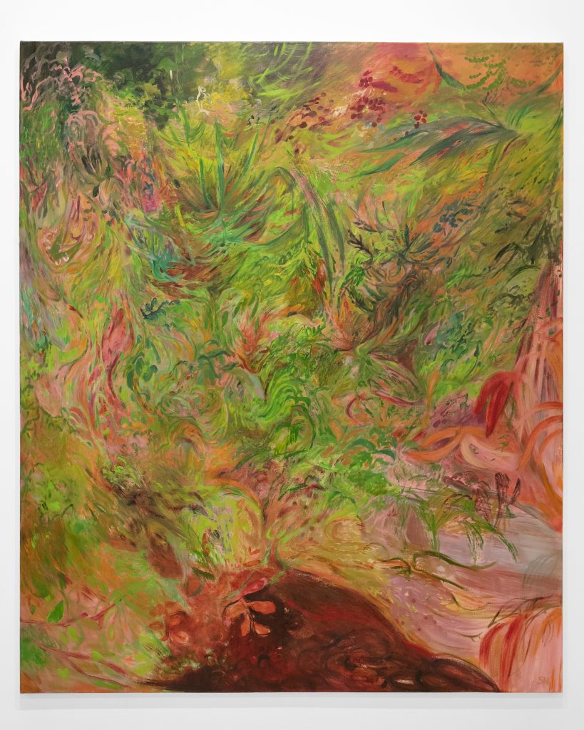 Image: Soumya Netrabile, Searching for Stars, 2022. Oil on canvas. 72 × 60 inches. An abstracted painting of green and salmon-colored vegetation. Courtesy of Soumya Netrabile and pt.2 Gallery.