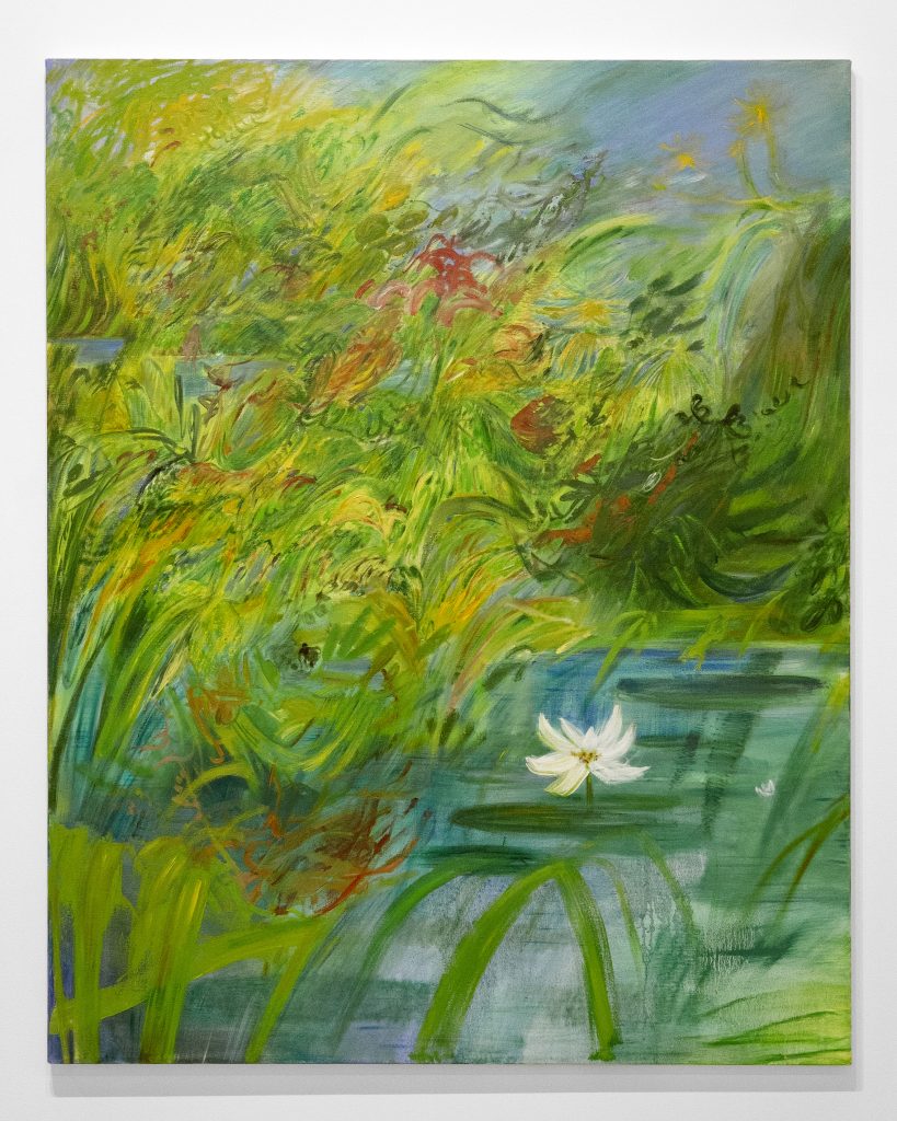 Image: Soumya Netrabile, The Pools, 2022. Oil on canvas, 60 × 48 inches. Gestural lines of green grass frame an abstract pond and lily pad with a flower. Courtesy of Soumya Netrabile and pt.2 Gallery.