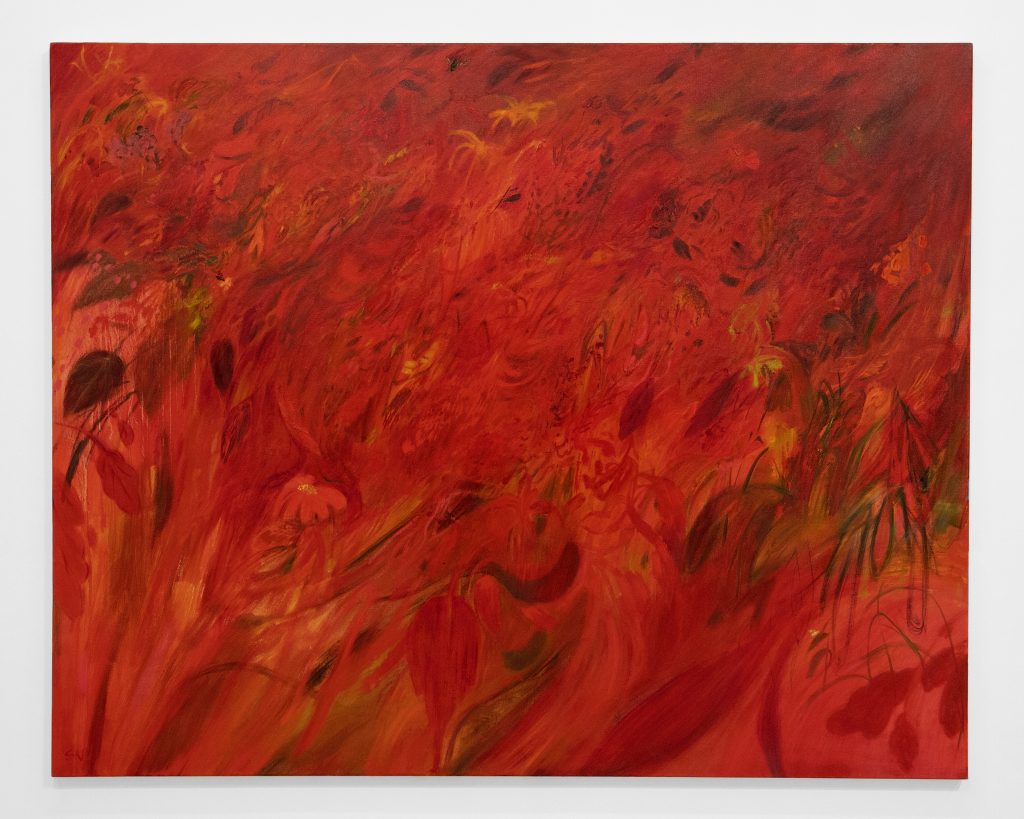 Image: Soumya Netrabile, The Red Field, 2022. Oil on canvas. 48 × 60 inches. A red canvas with hints of leaves and vegetation emerges from the canvas. Courtesy of Soumya Netrabile and pt.2 Gallery.