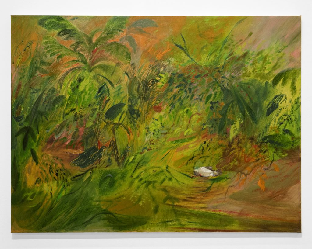 Image: Soumya Netrabile, The Sparrow, 2022. Oil on canvas. 30 × 40 inches. Layers of vegetation engulf a dead bird. Courtesy of Soumya Netrabile and pt.2 Gallery.