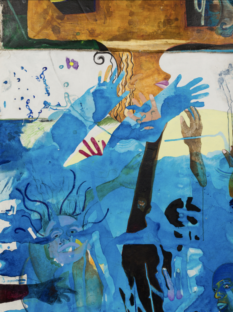 Image: Detailed view of the piece "Aquaphoria (Homage to JC)". The piece is a large scroll made of canvas and linoleum, with two distinct images of different figures in different positions, some on water, and reaching for one another. Photo courtesy of the artist.