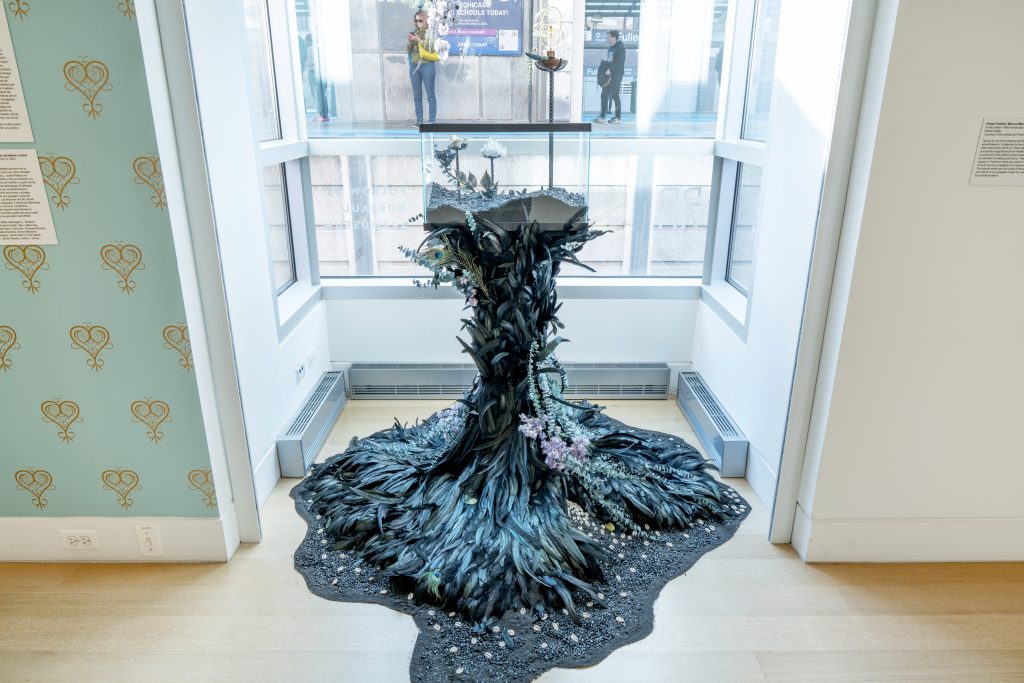 Image: Installation View, Krista Franklin, Marcos Mercado, and Flor del Monte, In the Dream I was Introduced to Myself, 2022. Sculptural vegetation emerging from a small fish tank onto the floor. Photo by Dabin Ahn. Courtesy of DePaul Art Museum.
