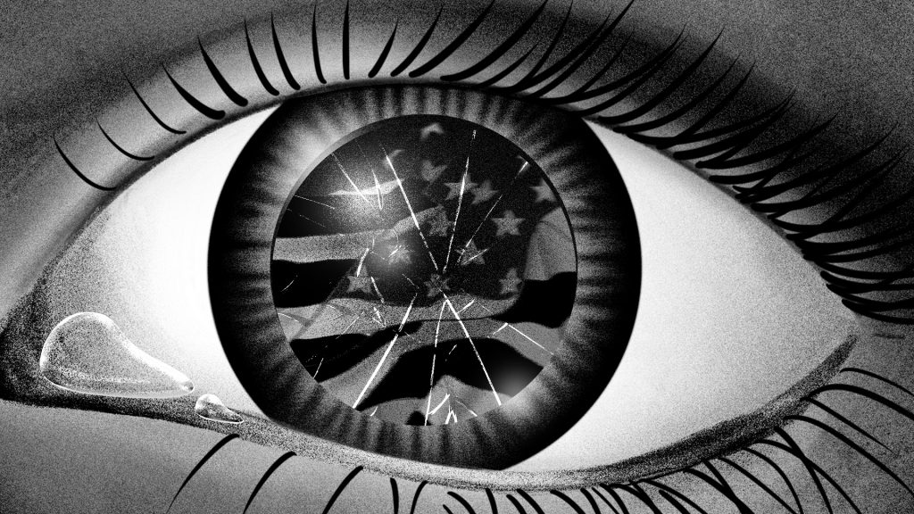 Image: A close-up on an greyscale eyeball. In the cracked iris and pupil is an American flag. Image by Diana C. Pietrzyk.