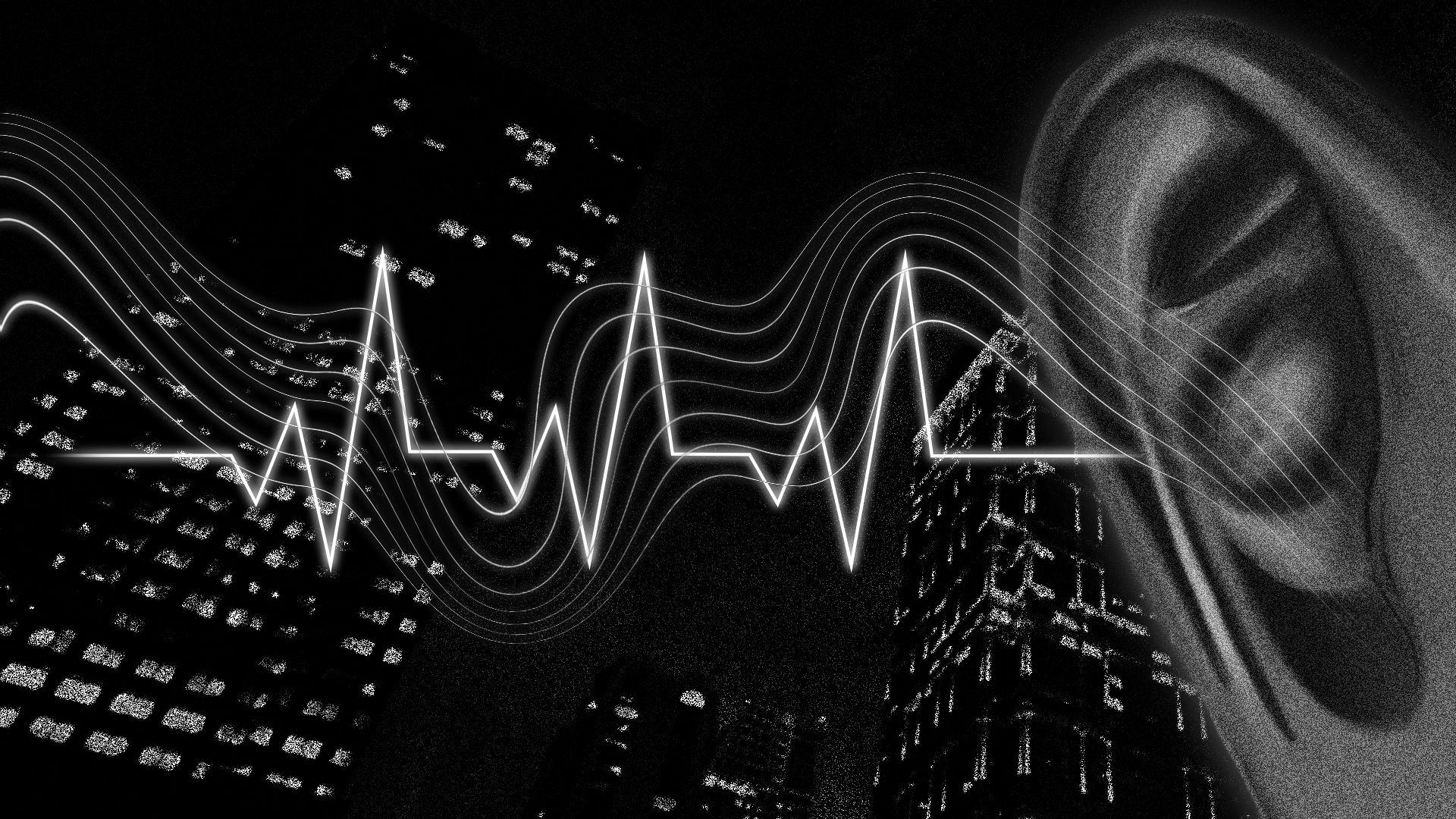 Image: A white-lined soundwave laid over the white lights of night-time buildings. The soundwave runs to a greyscale ear on the right side of the image. Illustration by Diana C. Pietrzyk.