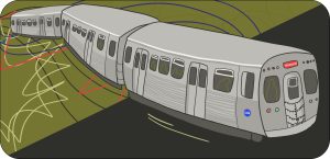 Image: A Howard-bound CTA red line train rumbles from the distance to the left to the foreground in the right. The background is bifurcated along the diagonal. One side is a flat olive green, the other a flat charcoal. Illustration by Peregrine Bermas.