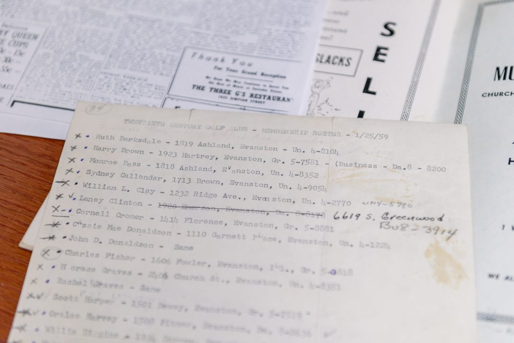 Image: A close-up of an archived document titled: "Twentieth Century Golf Club - Membership Roster - 1/25/59." The list is comprised of names and addresses, some of which have been crossed out, checked off, or circled since the original typing. Photo by Ryan Edmund Thiel.