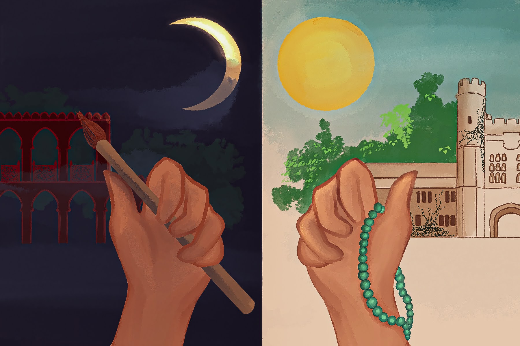 Image: Illustration by Saadia Yasmin Pervaiz. Two hands are posed, each in front of a different backdrop. The hand on the left holds a paintbrush with a background of Mughal architecture while the hand on the right holds a tasbih in front of a college campus.
