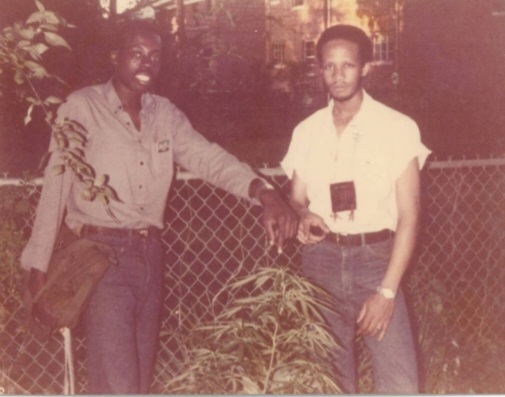 Image: Jerome and his friend Terry standing by a marijuana plant. Courtesy of Alkebuluan and Jerome Merriweather.