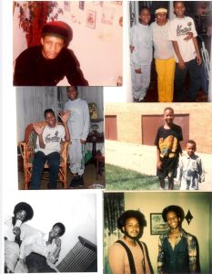 Image: A collage of six photos. From top left, rotating clockwise: a middle-aged man wearing a pan-African beanie; an elder lady standing with her arms wrapped around the waists of two young boys; two young boys standing outside a brick building on some grass; two young men with afros inside a living space, both looking at the camera; a black-and-white photo of two men sitting on a couch next to a radiator. Image courtesy of Alkebuluan Merriweather.