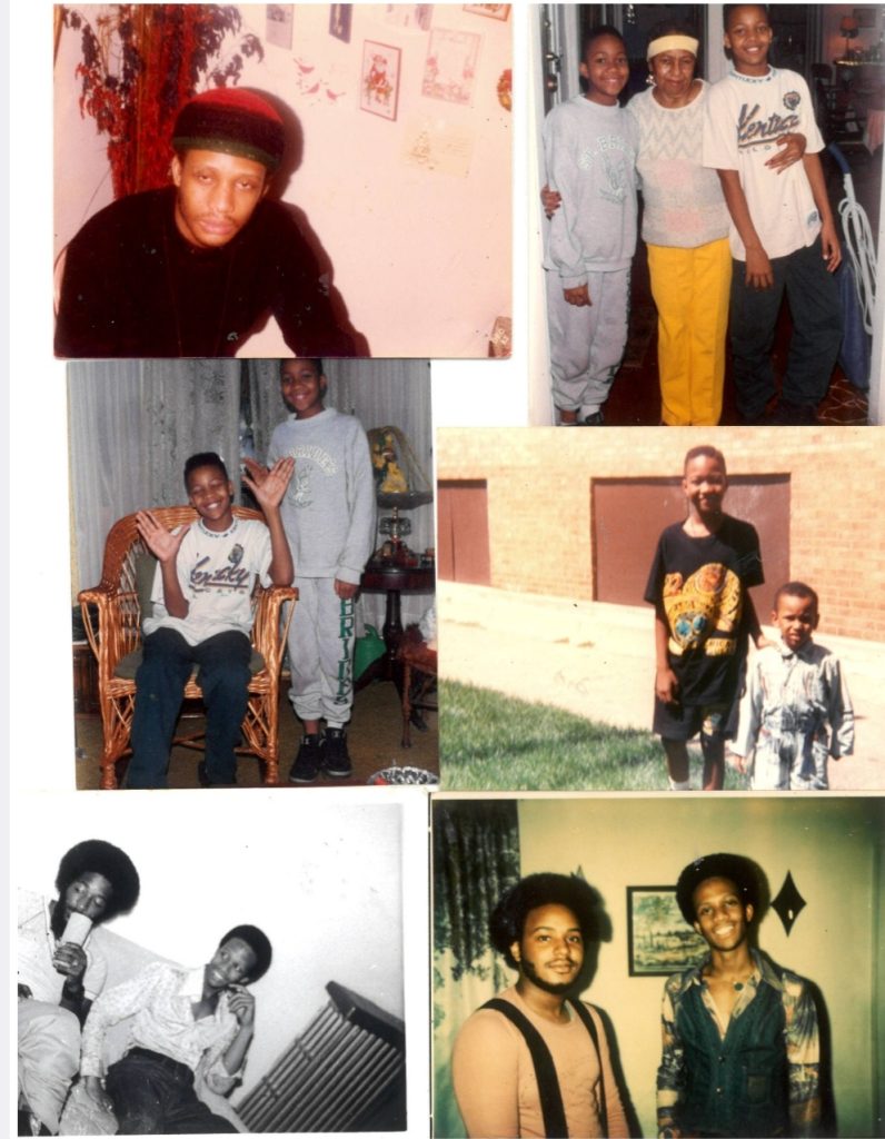 Image: A collage of six photos. From top left, rotating clockwise: a middle-aged man wearing a pan-African beanie; an elder lady standing with her arms wrapped around the waists of two young boys; two young boys standing outside a brick building on some grass; two young men with afros inside a living space, both looking at the camera; a black-and-white photo of two men sitting on a couch next to a radiator;  two boys, one sitting in a wicker chair, the other standing behind, both smiling at the camera. Image courtesy of Alkebuluan Merriweather.