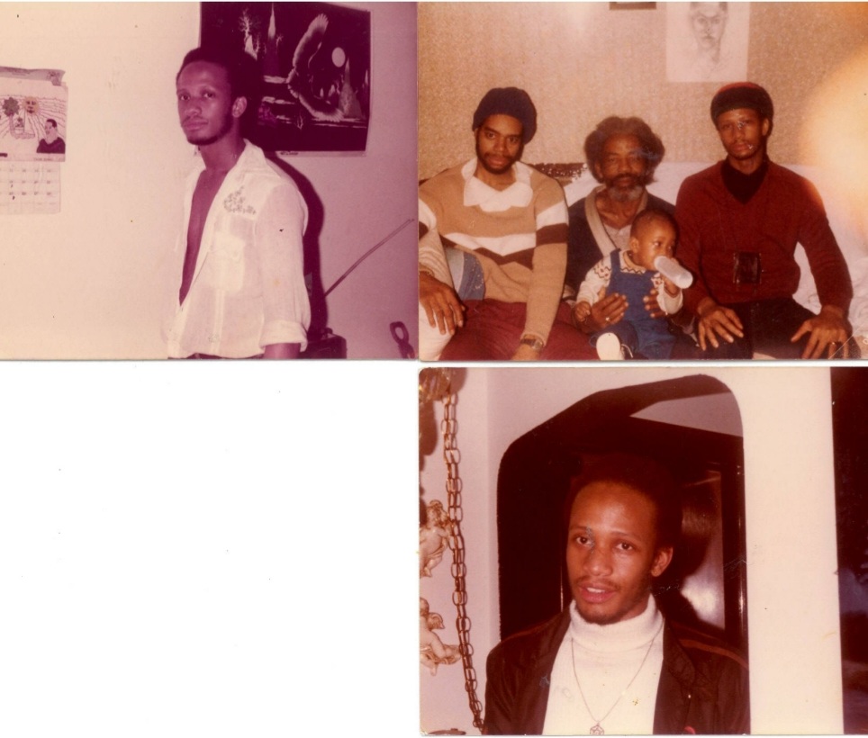 Image: Collage of three photos. Rotating from top left clockwise: a man wearing a white shirt stands and looks at the camera — behind him is a framed painting; three men seated on a couch looking at the camera; the bust of a man standing in an archway and leaning towards the camera. Courtesy of Alkebuluan Merriweather.