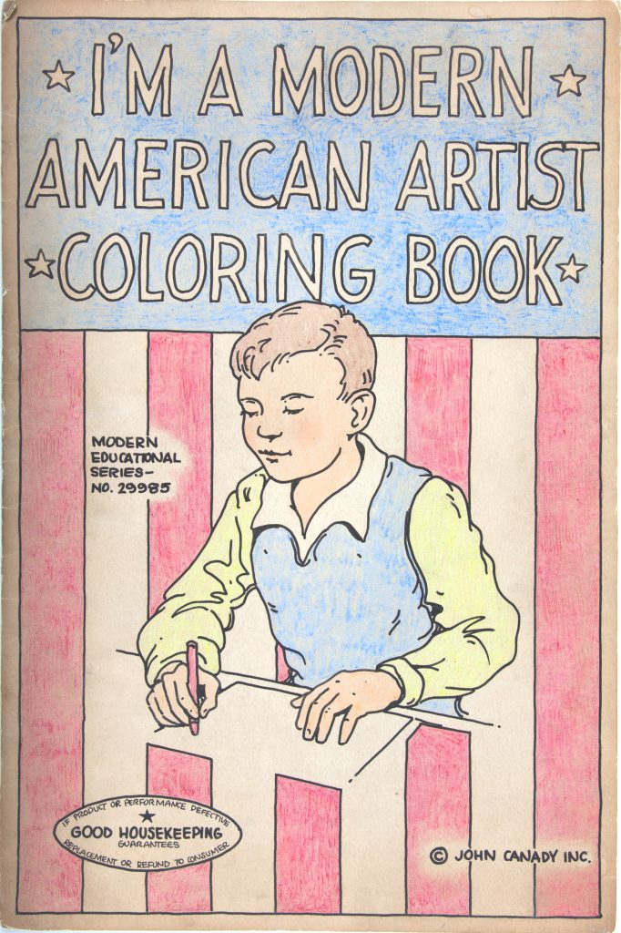 Image: James S. Riddle, I'm A Modern American Artist Coloring Book, 1962-1963. The front page of a coloring book featuring a young boy sitting at a desk drawing. The background of the page is styled like an American flag with a blue block at the top and red and white stripes through the rest of the page. Image courtesy of Collection of DePaul Art Museum, Art Acquisition Endowment Fund.