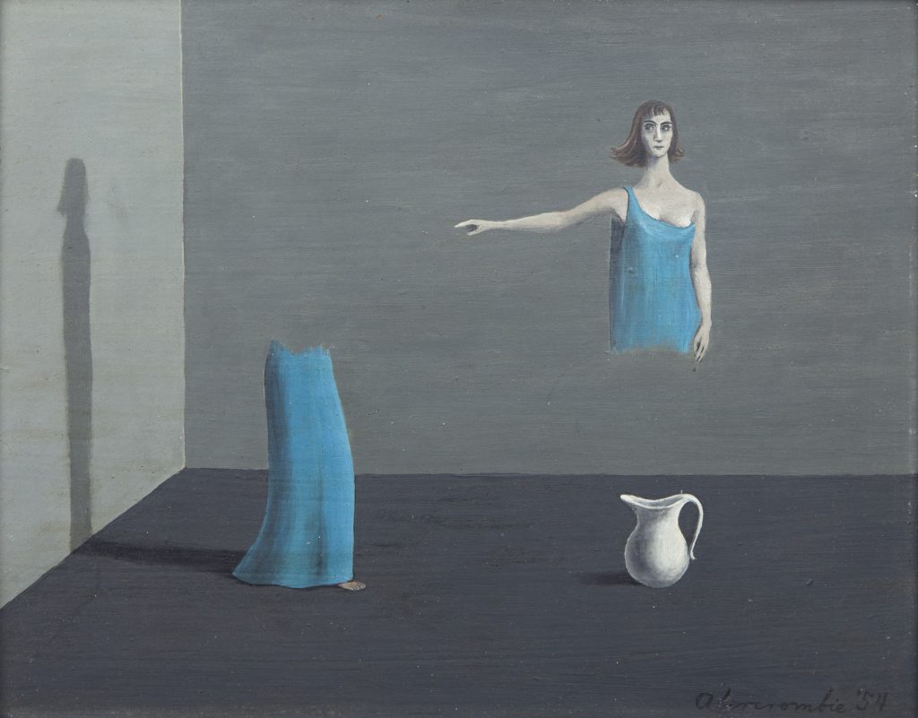 Image: Gertrude Abercrombie, Split Personality, 1954. A figure's upper body floats above a jug while their lower body stands a few feet away. The separate sections of their body cast one, coherent shadow on the wall on the left of the painting. Oil painting on masonite. Image courtesy of DePaul Art Museum, Art Acquisition Endowment Fund.