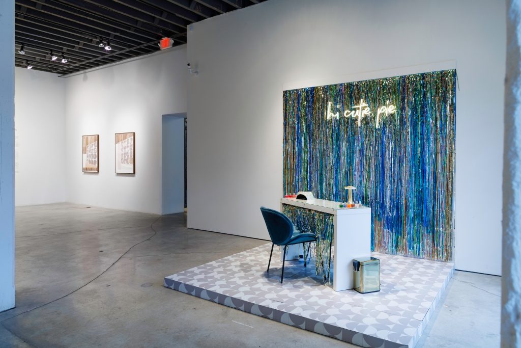 Installation view: Left: Devan Shimoyama, Mighty Mighty Style Guide (Children), 2019 and Mighty Mighty Style Guide (Gentleman), 2019. Right: Imagine Uhlenbrock, Moonbeam Salon, 2022.