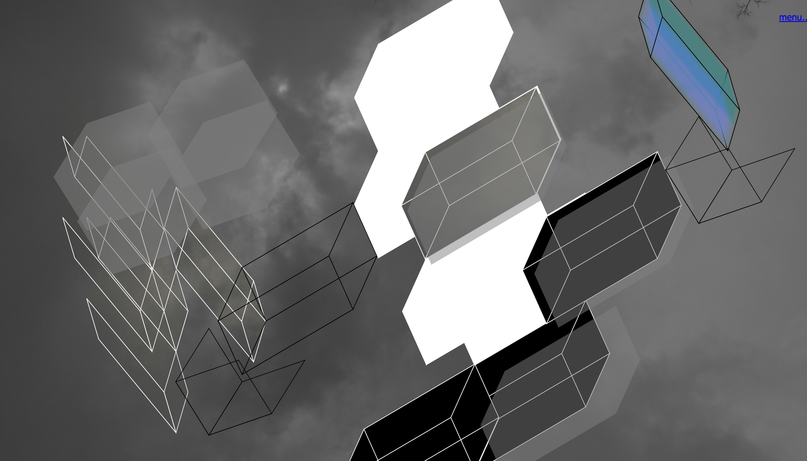 Image: screenshot of Text Fields, Morgan Green. Against a grey scale sky, geometric bricks are cut out to reveal white underneath. There are white outlines to the bricks. Screenshot by the author.
