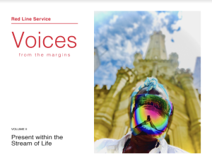 Image: The cover of Voices from the Margins, Volume II: Present within the Stream of Life. The right side of the cover has a photo of a person with a rainbow-colored face covering standing in front of Water Tower Place in Chicago.