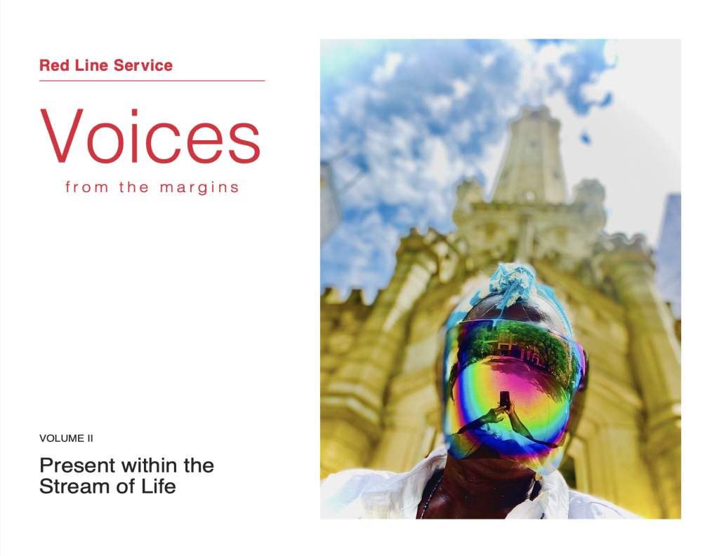 Image: The cover of <i>Voices from the Margins, Volume II: Present within the Stream of Life</i>. The right side of the cover has a photo of a person with a rainbow-colored face covering standing in front of Water Tower Place in Chicago.