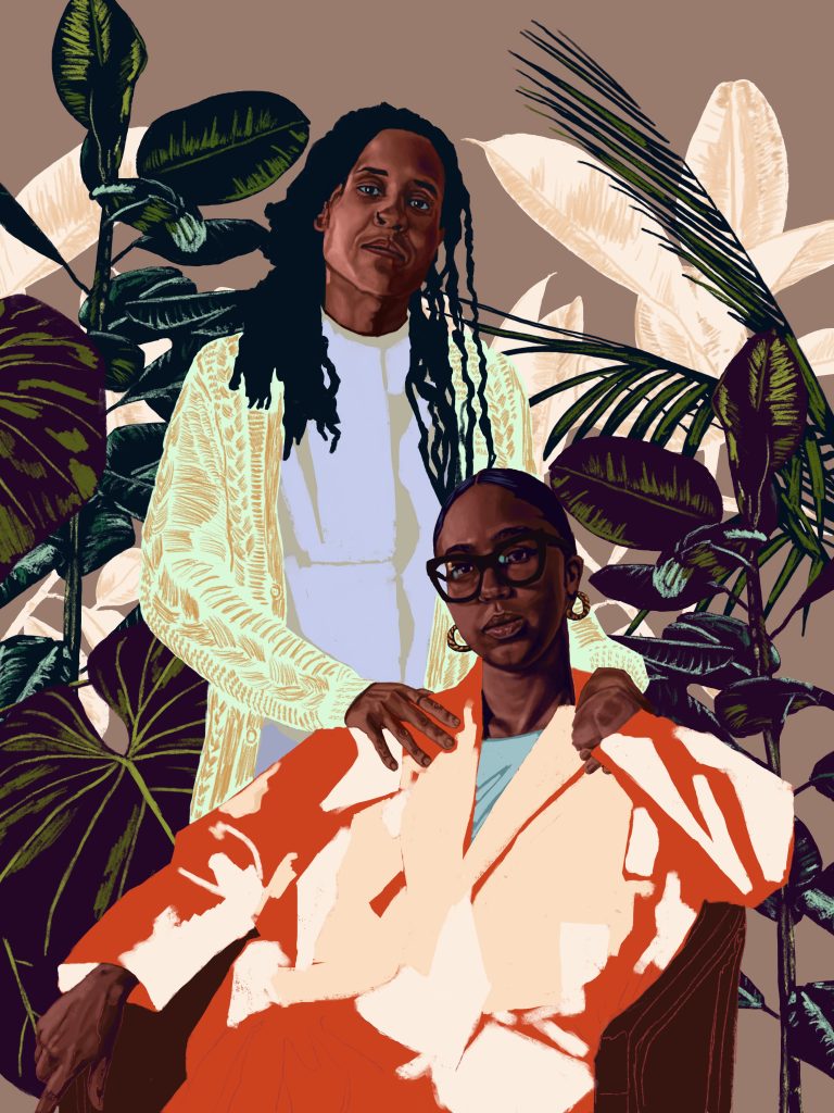 Image: A painting of Cierra and zakkiyyah from Brandon Breaux's 28 Days of Greatness series. Cierra is standing behind zakkiyyah who is seated. They are surrounded by leaves and plants against a sandy brown background. Image courtesy of the artists.
