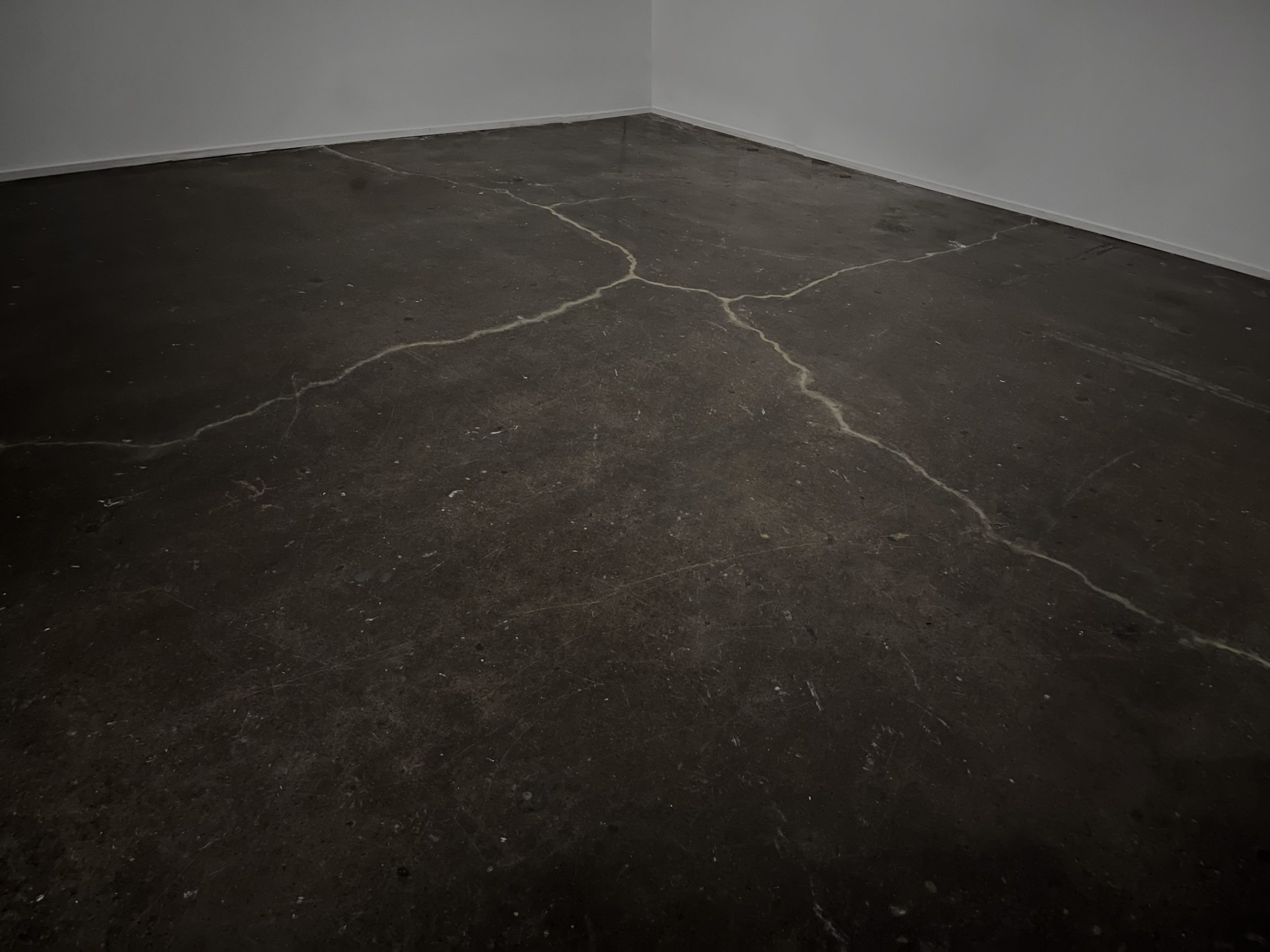 Image: the concrete floor that Contemplation took place on. It's dark grey, with four light lines cracking across the floor and meet in the middle. Image courtesy of Laleh Motlagh.