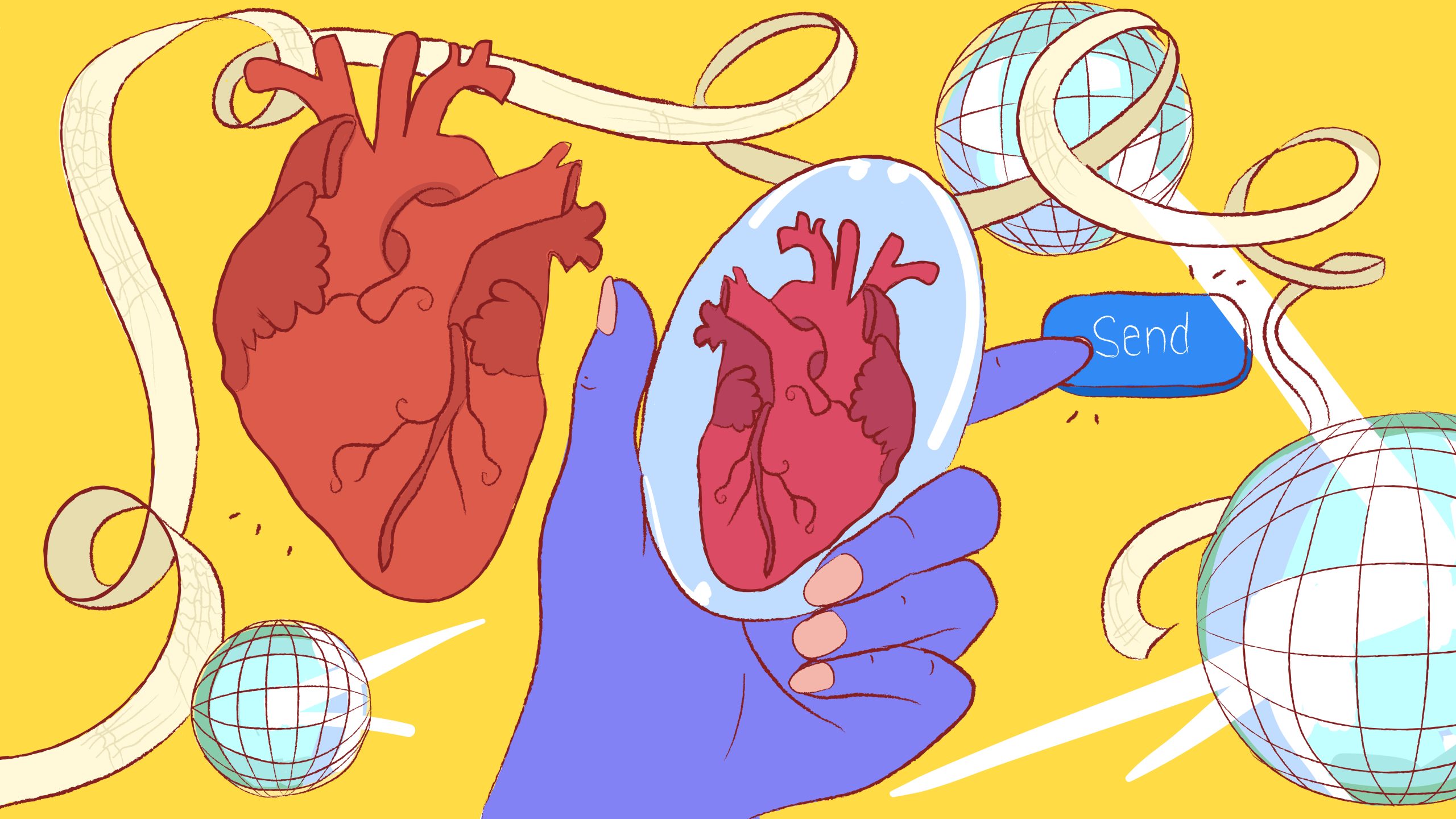 Image: On a yellow back drop, three shining disco balls and a winding bandage surround a human heart and a purple hand pressing a send button. The hand holds a mirror reflecting the heart. Illustration by Peregrine Bermas.
