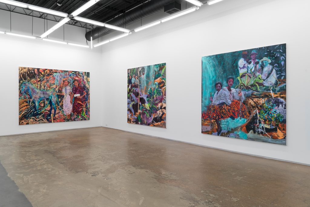 Image: Installation view of Days Later, Down River. Three large, colorful works hang in the gallery. All three contains figures and elements of nature. In the artist's newest collection of panoramic paintings, each is a glowing gem that is as much visual mosaics as it is a narrative collage. In a self-assured step into a tumultuous composition, Cruz Palileo proposes a seminal embrace of the multiplicity that defines Philippine history and identity. Image Courtesy of the Artist and Monique Meloche Gallery.
