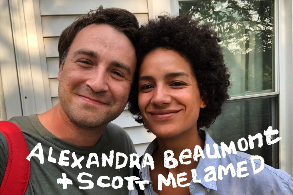 Image: Scott and Alexandra are seen hugged together outside, against a sun-kissed background. Their names can be seen across the bottom part of the photograph. Photo courtesy of the artists.