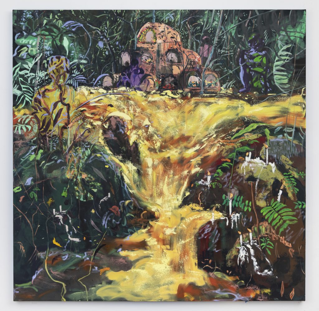 Image: The Slow Course of Water, 2022. Flashe and oil on canvas. 84"H x 84"W. Spirits are alive in Cruz Palileo’s luminous landscapes. A woman is painted in the top left corner with her back turned to us as her body meets the edge of the waterfall. Golden water fills her figure as purple leaves lay across the edges of her hair. Liana vines wrap around her torso and sprout into her chest. Image courtesy of the artist and Monique Meloche Gallery.