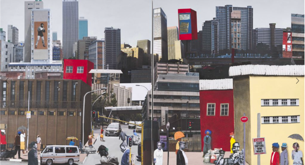 Image: A collaged scene of muted skyscrapers sits behind a foreground of small collaged and painted people in reds, yellows, white, and grays. Sam Nhlengethwa, Inspired by Romare Bearden and Ernest Cole, 2018, Oil and collage on canvas. Courtesy of Liza Essers and Goodman Gallery. Photographed by Anthea Pokroy. 