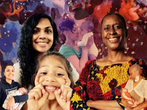 Image: Irina Zadov, Mama and Child, 2023. Digital collage in hues of purple and orange featuring two large photos: the first (left) is of Noshaba Bhatti, a brown femme with curly black hair holding their smiling child; and the second (right) is of Mekazin Alexander, a Black woman with short cropped hair and a vibrant top. Both femmes are positioned in front of a watercolor background with subtle images of fetuses in various stages of development. On the outside edge of both women, we see photos of each of them holding newborn babies. In front of Noshaba is a smiling child, making a goofy face. In the middle is a portrait of a Black mama holding her baby. Photos by Noshaba Bhatti and Cecil McDonald. Collage by Irina Zadov.