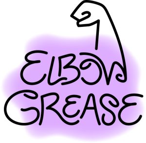 Image: Elbow Grease logo, 2023. The text "Elbow Grease" with a raised fist like Rosie the Riveter emerging from the "w" and a purple grease-like stain in the background of the text. Courtesy of Elbow Grease. Illustrated by  Tianna Garland.