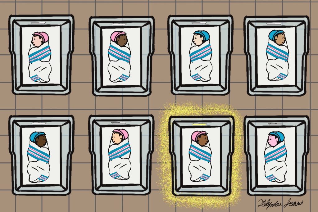 Image: Illustration of eight newborns in a nursery. A golden glow illuminates one crib containing a swaddled infant. Illustration by Flolynda Jean.