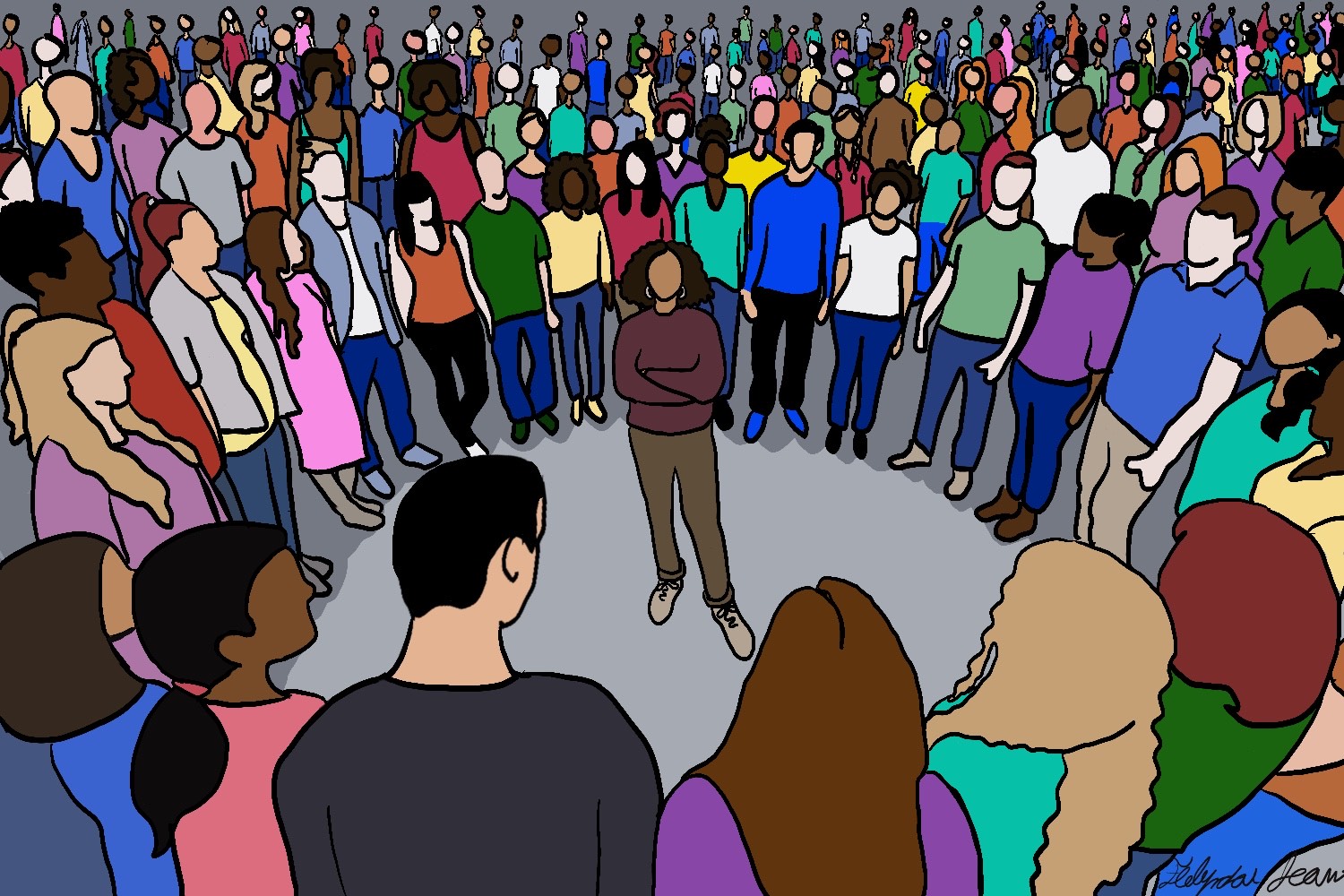 Image: Illustration of a Black woman standing defiantly at the center of a group of people who turned toward her expectantly. Illustration by Flolynda Jean.