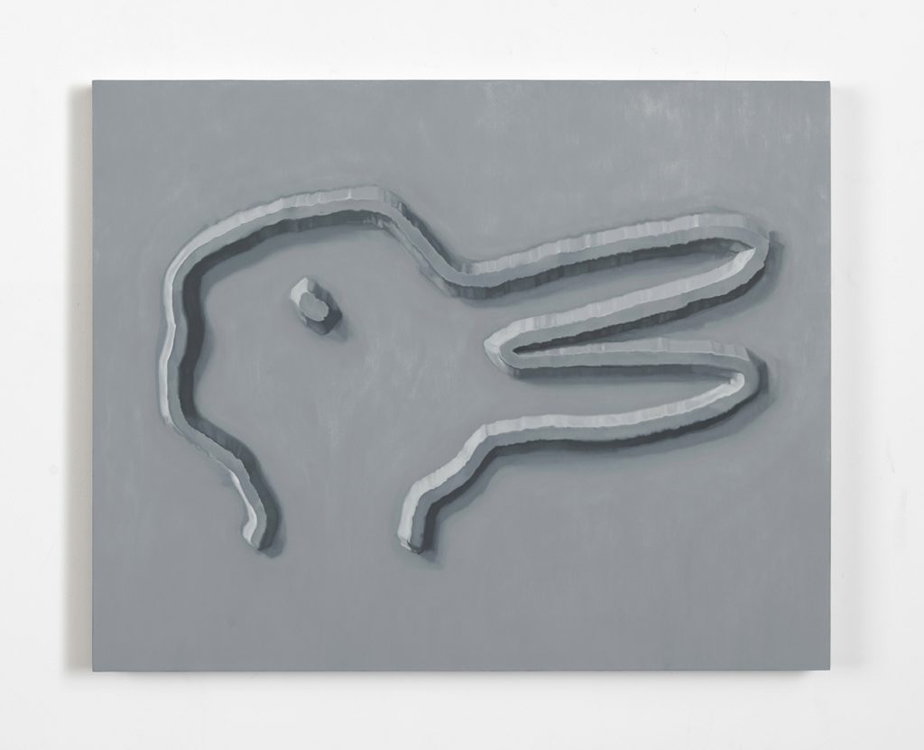 Image: Mika Horibuchi, RD MH, 2013. A monochrome gray oil painting of an optical illusion picturing a rabbit-duck. Image courtesy of Patron Gallery. Photographer Evan Jenkins.