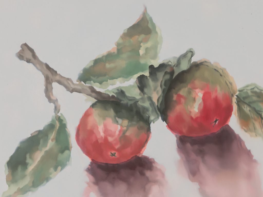 A detail image of Persimmons in Watercolor by Mika Horibuchi, a watercolor painting of two pale-red and green persimmons attached to a small branch. Image courtesy of Patron Gallery. Photographer Evan Jenkins.