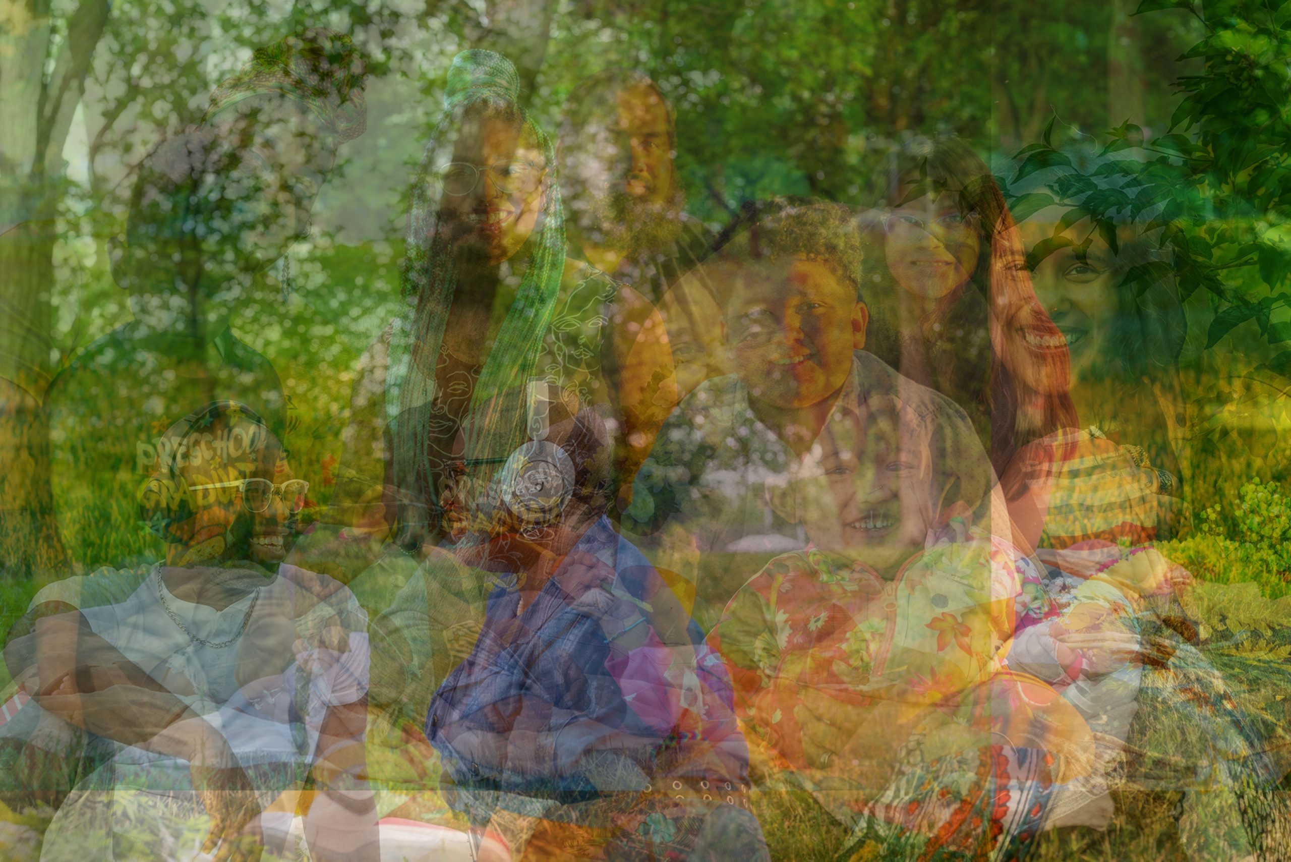 Image: A digital compilation of portraits against a background of lush plants in a park. The figures are transparent. Photo by Tonal Simmons.