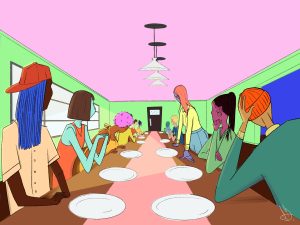Image: A digital illustration which depicts a long line of people on both sides of a long table in a dining hall impatiently waiting to see who walks through the door. Their plates are white and empty. The walls are green and the ceiling is light purple. Image by Tianna Garland