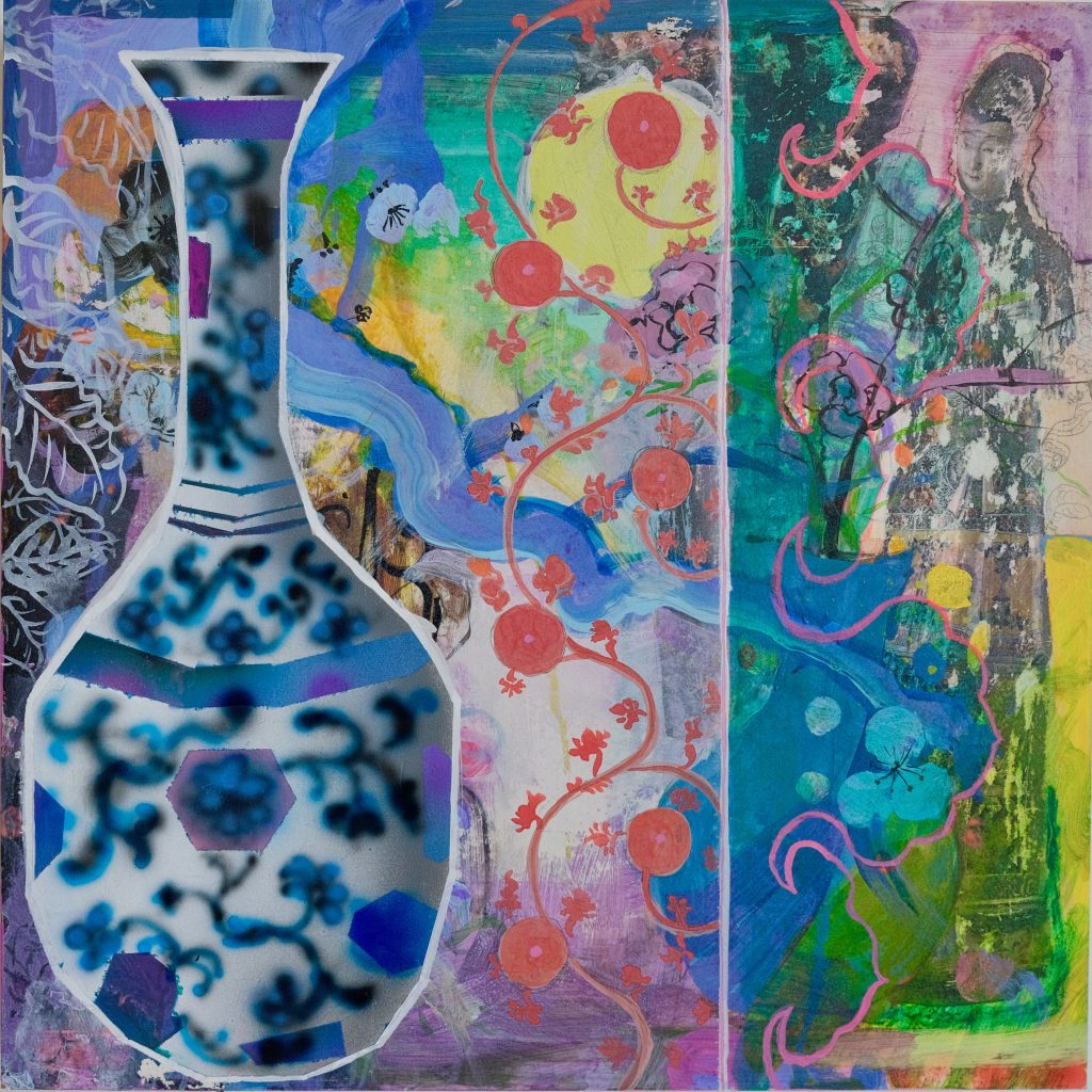 Image: Xuanlin Ye, Aubade of sunken flower vase, 2023. Mixed Media. A mixed media piece depicting a white and blue vessel on the left. The background is layered with colorful patterns and shapes. To the right is a faded image of a person. Courtesy of the artist.