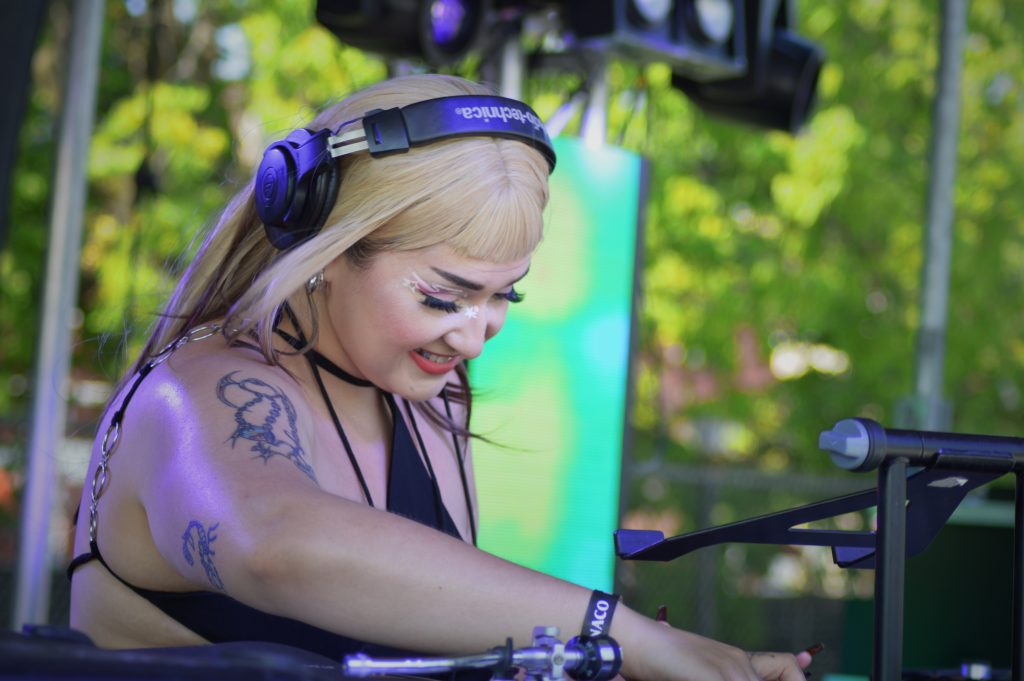 Image: DJ Karenoid performing at the adult playground at Miche Fest, 2023. Photo by Luz Magdaleno Flores