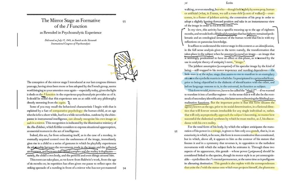 Image: Snapshot of Xuanlin’s notes on Jacques Lacan, The Mirror Stage as Formative of the I Function (1936), 2021. The text is underlined and highlighted in various places. On the left hand page is a little doodle of a fox looking at a mirror. Photo courtesy of Xuanlin.