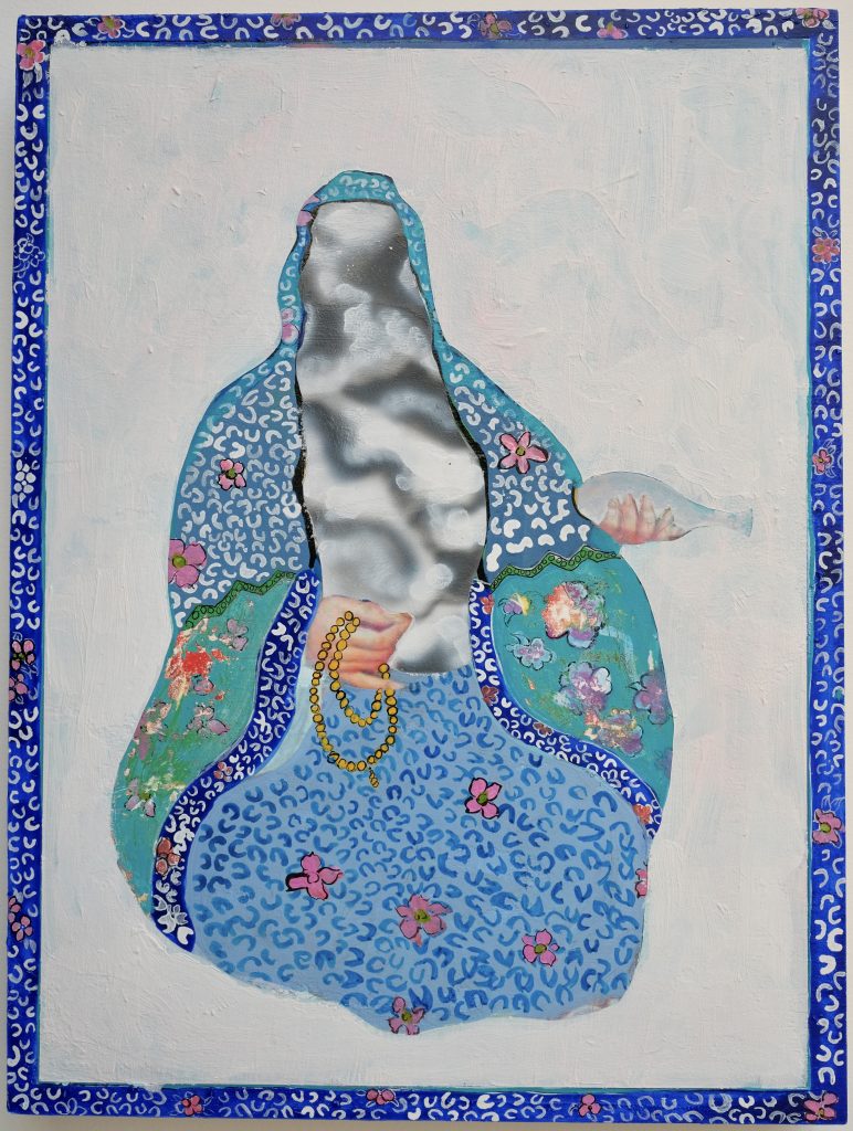 Image: Xuanlin Ye, Money God series, ongoing. Mixed Media. A mixed media piece depicting a person sitting with blue and green floral patterned clothing. The person holds beads in one hand and a fish in the other. The person's face cannot be seen. Courtesy of the Artist. 