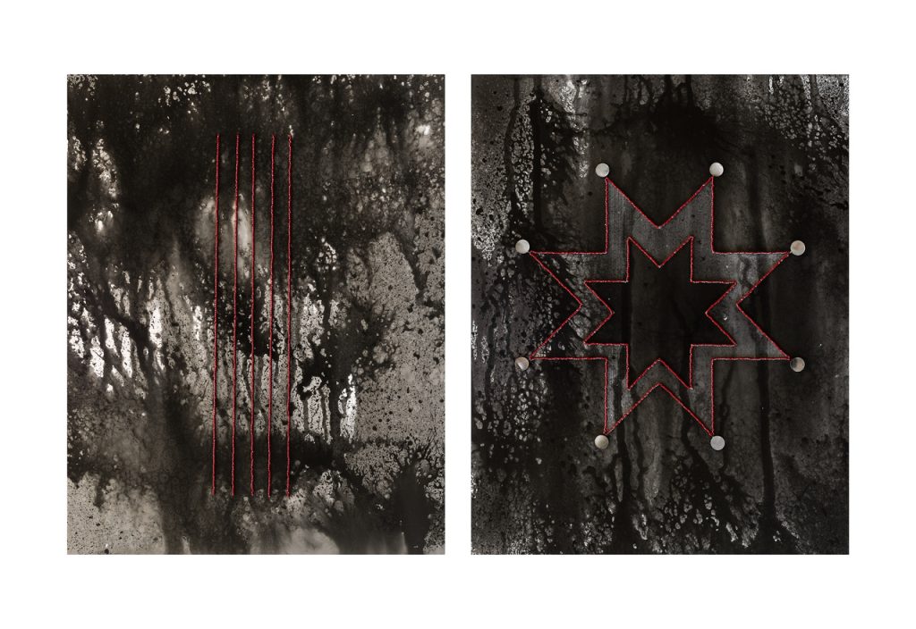 Image: Dakota Mace, Náhookǫs Bikǫʼ I, 2022. Chemigram, glass beads, and abalone shells. 14 x 11 inches each. Two black and white chemigrams with dripped patterns and sewn-in glass beads. The left photograph has five vertical parallel lines of red beads; the right photograph has two stars nestled within each other, and the outermost star has abalone shells at the points of the star. Courtesy of the artist and Bruce Silverstein Gallery.