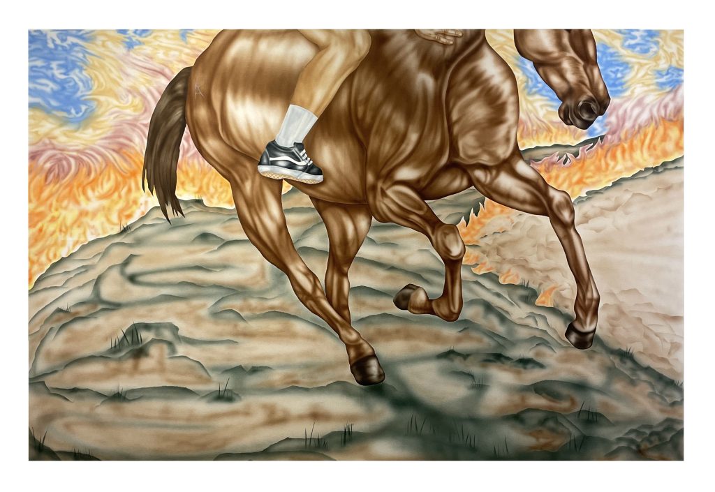 Image: Aguilar’s piece No Hay de Otra. A muscular horse and rider, cropped just above the rider's knee. They travel through a surreal fiery landscape. Photo courtesy of the artist. 