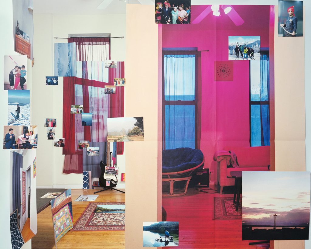 Image: Guanyu Xu, Resident Aliens, 2014-2022. Archival Pigment Print. © 徐冠宇 Guanyu Xu 2014-2022. A photo showing two rooms with many other photographs displayed across the composition. The room on the right is dominated by a pink hue and has a papasan and a couch with two windows. The room on the left is lit like a normal apartment and has more photographs laid over it, with a single window. Courtesy of the artist.