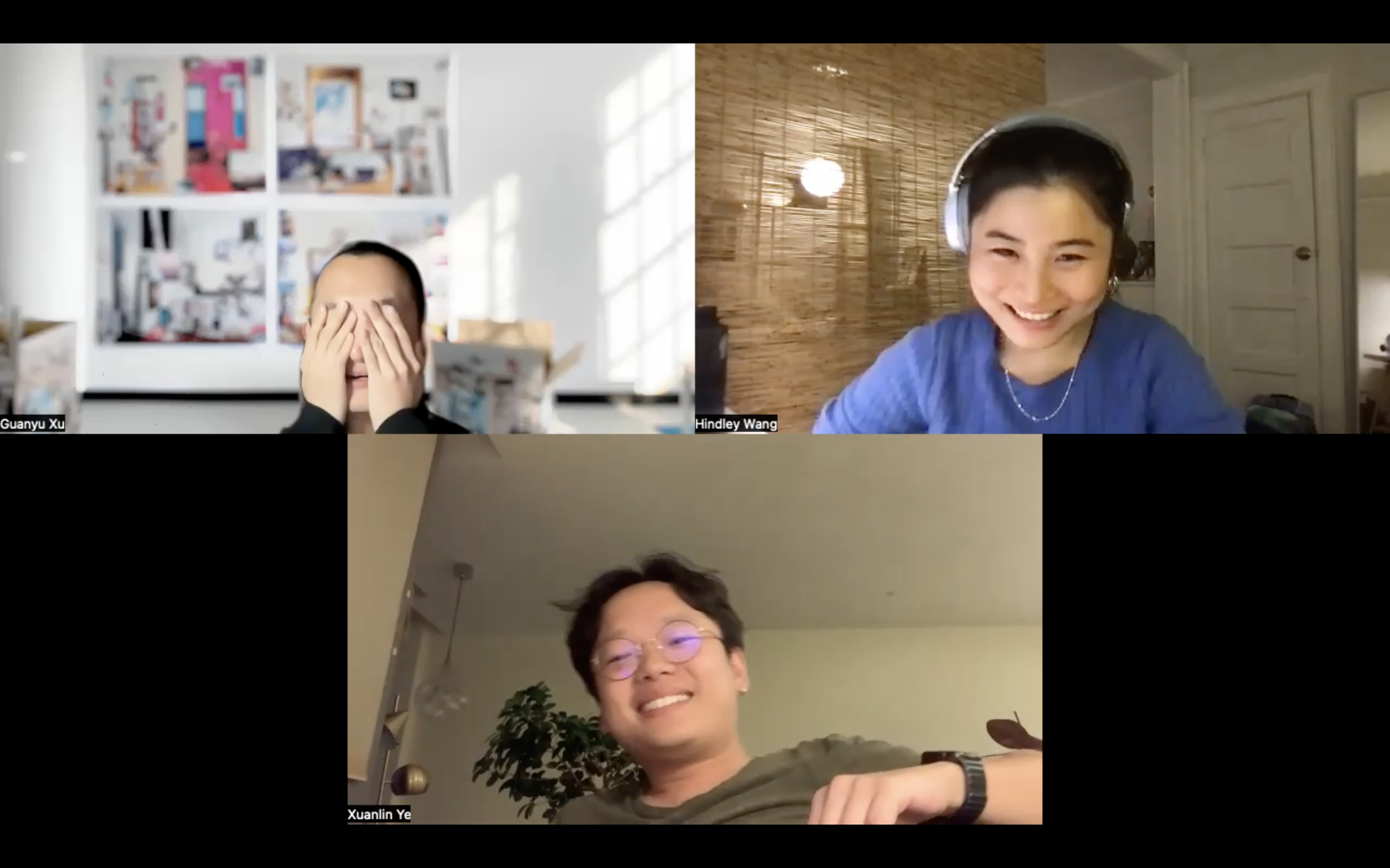 Image: A screenshot of a Zoom conversation between Hindley Wang, Xuanlin Ye, and Guanyu Xu. Courtesy of the author.