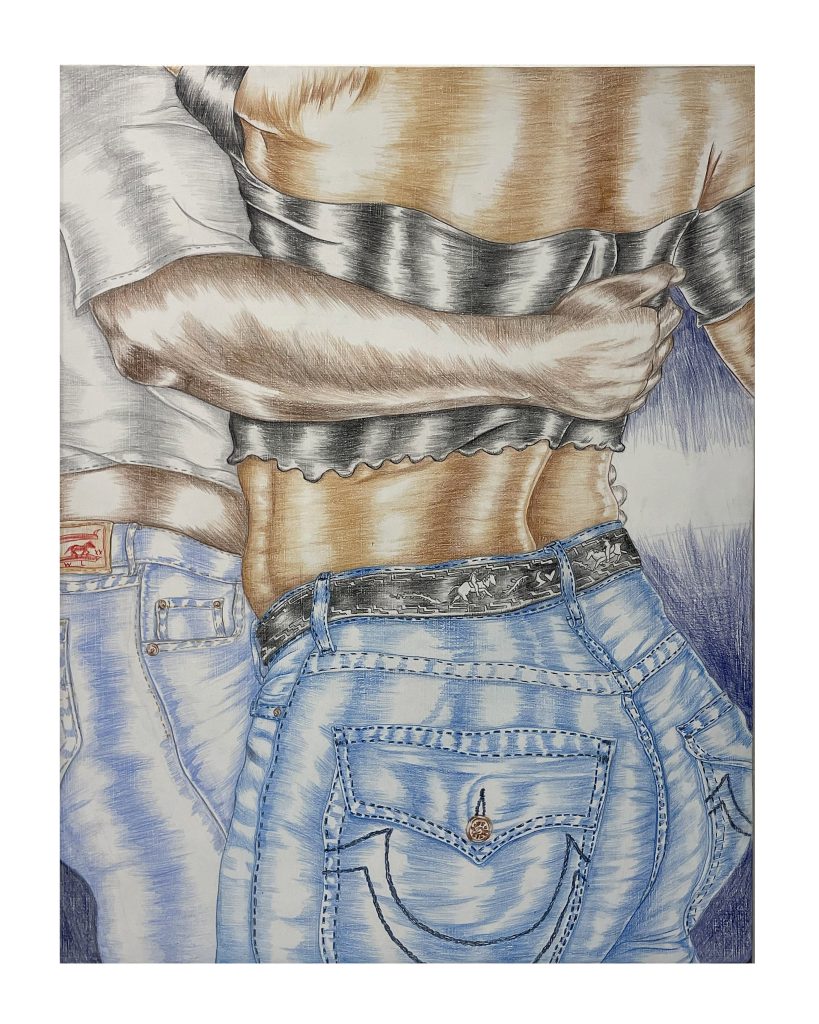 Image: Aguilar’s piece Vamonos de Fiesta, a colored drawing of two people's torsos pressing into each other, one of them wrapping their arm around the other. They both wear blue jeans. Photo courtesy of the artist. 