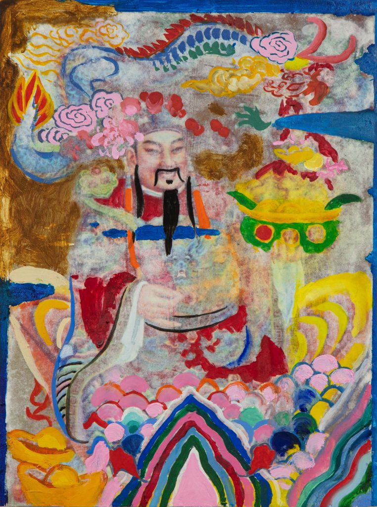 Images: Xuanlin Ye, Money God series, ongoing. Mixed Media.  A mixed media piece depicting a man abstracted by colorful patterns and shapes. Courtesy of the Artist. 