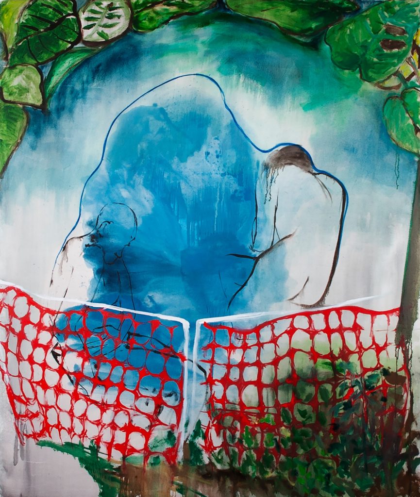 Image: Ye Xuanlin, Trinity of the Nowness, 2019. Mixed Media. Artwork depicting two figures in a blue background with a red fence in the foreground. © Courtesy of the artist. 