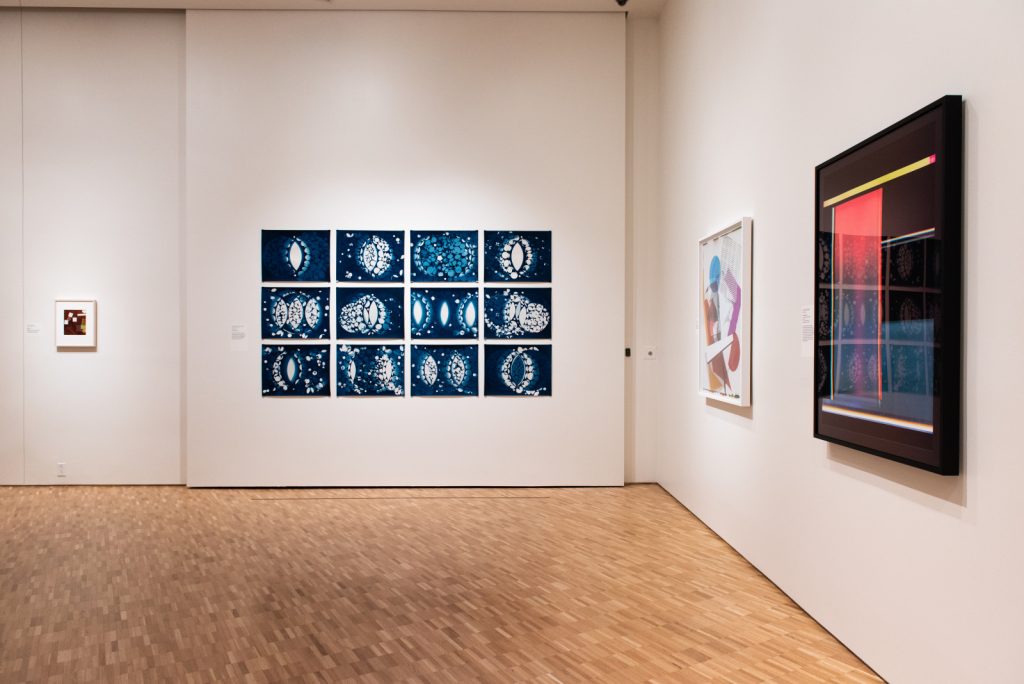 Image: Installation view, Direct Contact: Cameraless Photography Now, 2023. White wall gallery space with four 2D works. Sidney and Lois Eskenazi Museum of Art, Indiana University. Photo: Shanti Knight. 