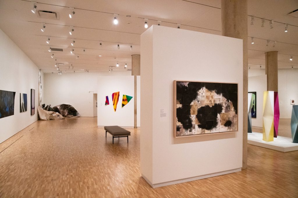 Image: Installation view, Direct Contact: Cameraless Photography Now, 2023. A floating wall with Thrust, and sculptural work in a gallery space. Courtesy of Sidney and Lois Eskenazi Museum of Art, Indiana University. Photo: Shanti Knight.